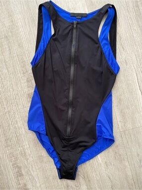 Alexander Wang Blue Black Colorblock Zip-Front One-Piece Swimsuit FLAWS - Sz S
